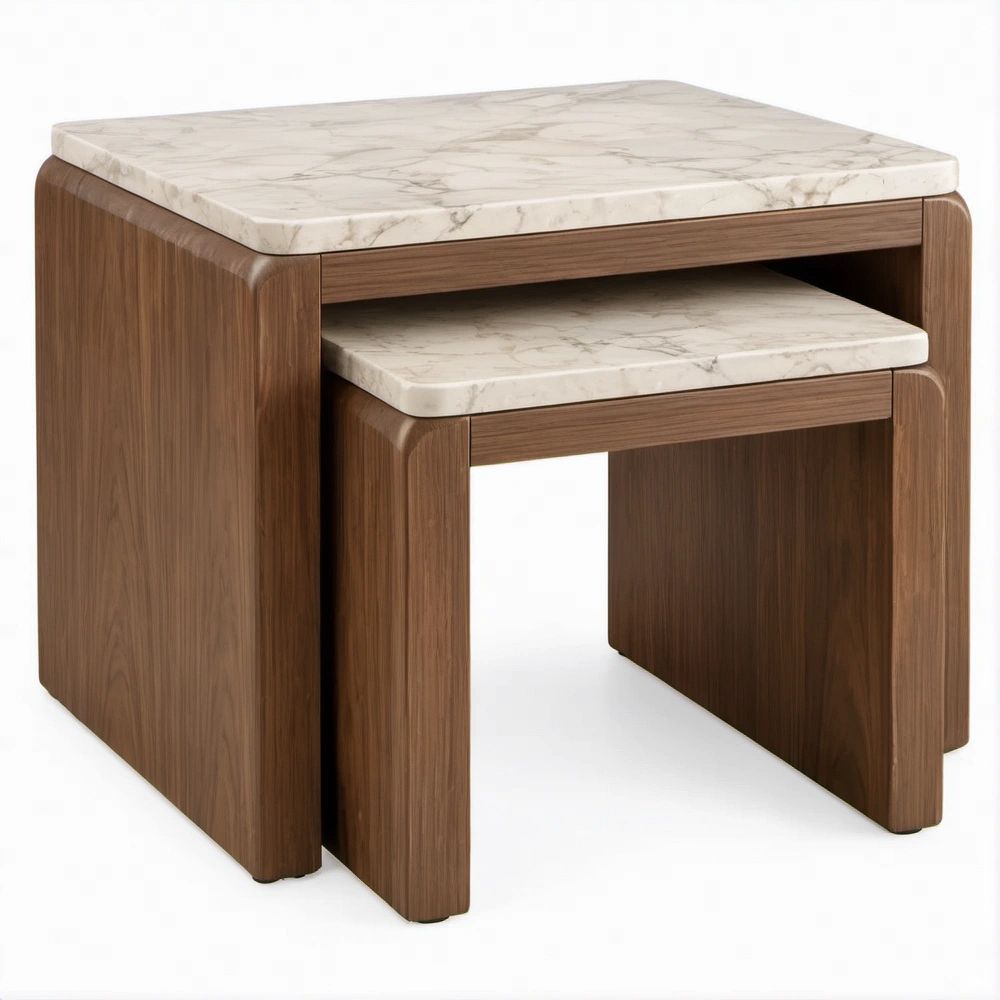 Set di 2 tavolini quadrati sovrapponibili in noce e bianco effetto marmo, 50 x 50 x 50 cm e 40 x 40 x 40 cm