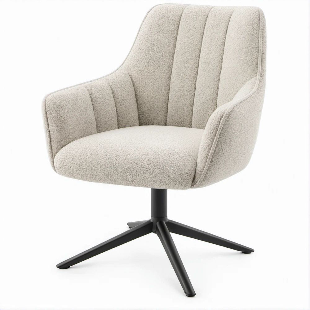 Poltrona imbottita con braccioli in tessuto bouclé avorio e base in acciaio nero, 62 × 60 × 84 cm