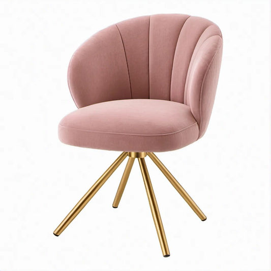 Sedia girevole in velluto rosa cipria con base in acciaio oro, 58 x 60 x 82 cm
