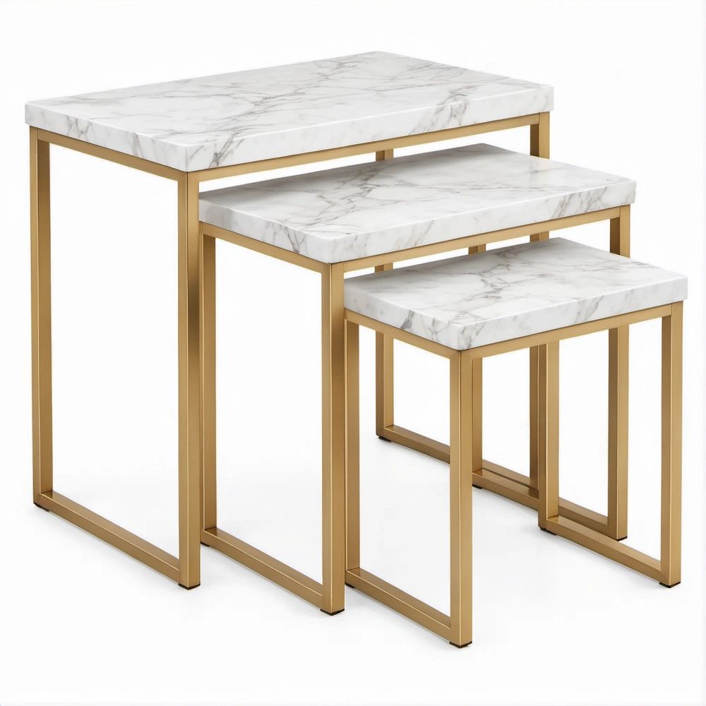 Set di 3 elementi rettangolari effetto marmo bianco, grigio e oro, 50 x 30 x 55 cm