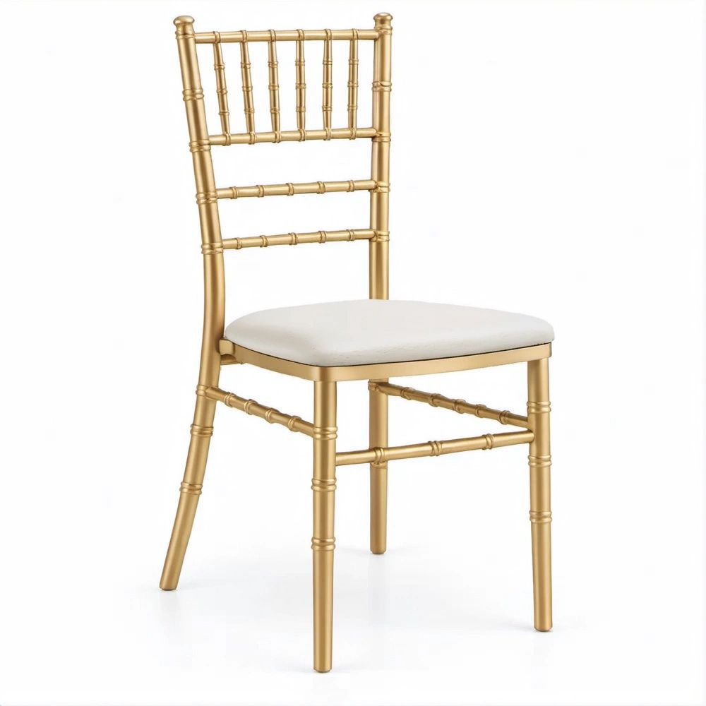 Sedia Chiavari in Acciaio Oro con Cuscino Bianco, 40 x 46 x 92 cm