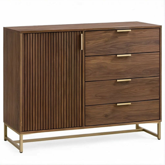 Mobile contenitore marrone noce con anta, 4 cassetti e dettagli ottone, 120 x 45 x 90 cm