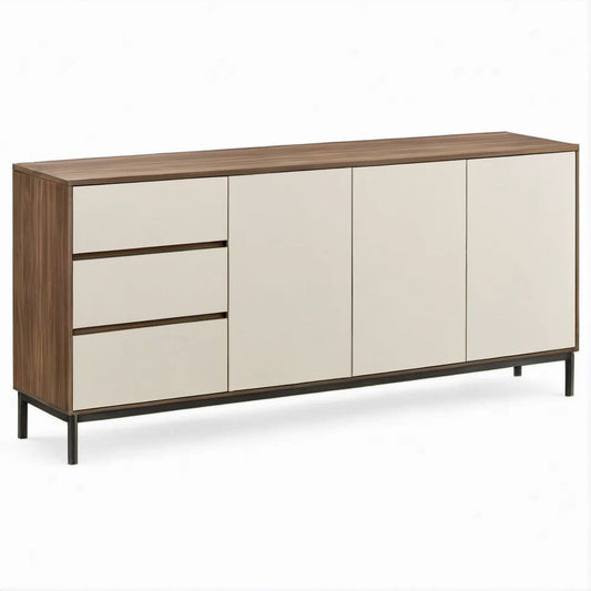 Credenza bassa rettangolare in noce, crema e nero 180 x 40 x 80 cm con 3 ante e 3 cassetti