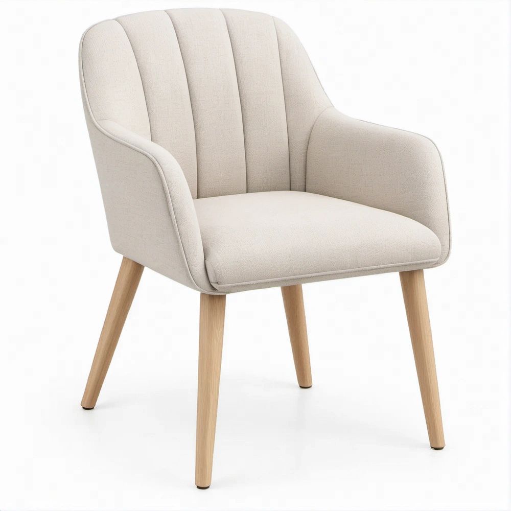 Poltrona imbottita beige con braccioli e gambe in legno naturale, 58 x 60 x 83 cm