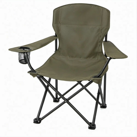 Sedia pieghevole da campeggio verde oliva e nera con braccioli, portabicchiere e tasca laterale, 60 x 60 x 95 cm