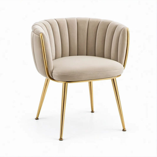 Poltroncina imbottita in velluto beige con gambe in acciaio dorato, 60 x 59 x 78 cm