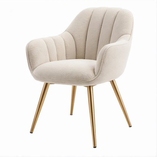 Sedia da pranzo imbottita con braccioli, rivestimento bouclé beige e gambe oro, 60 x 61 x 84 cm