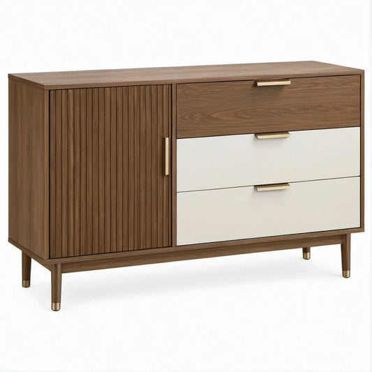 Credenza moderna in MDF noce e bianco 120 x 40 x 80 cm con 3 cassetti e anta