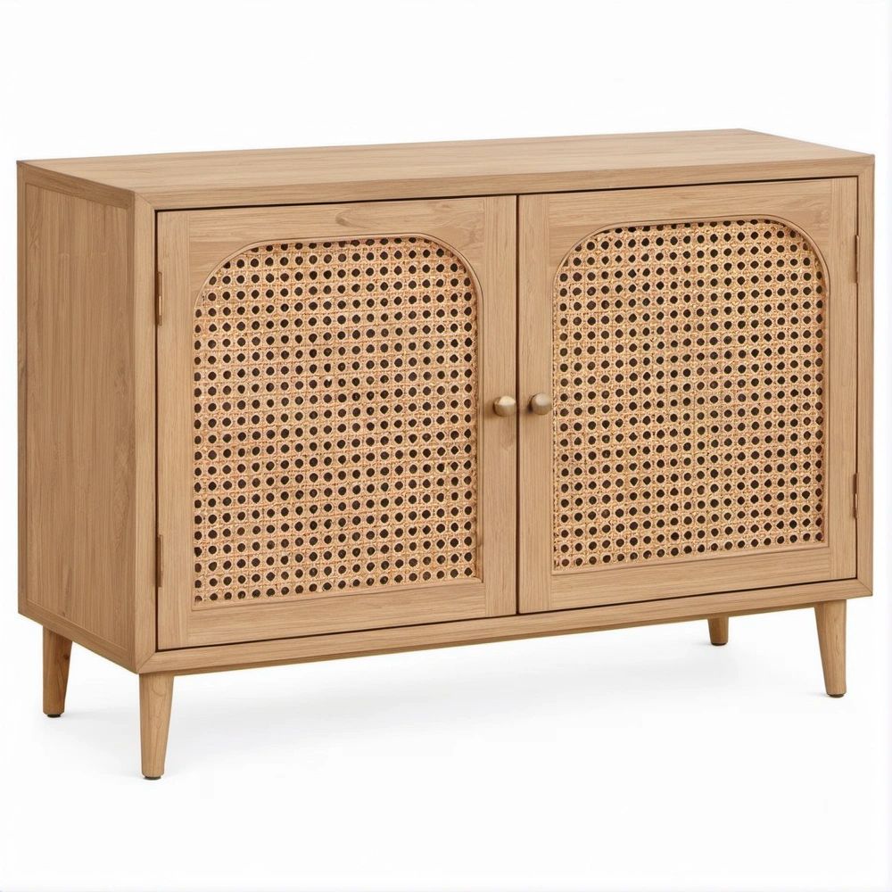 Credenza in rovere naturale con ante in rattan, 100 x 40 x 80 cm