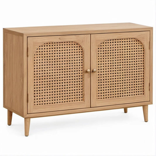 Credenza in rovere naturale con ante in rattan, 100 x 40 x 80 cm