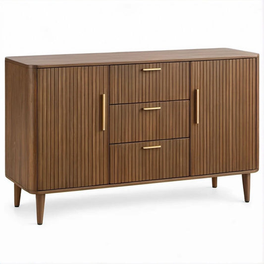 Credenza rettangolare color noce con 2 ante, 3 cassetti e gambe, 120 x 40 x 80 cm