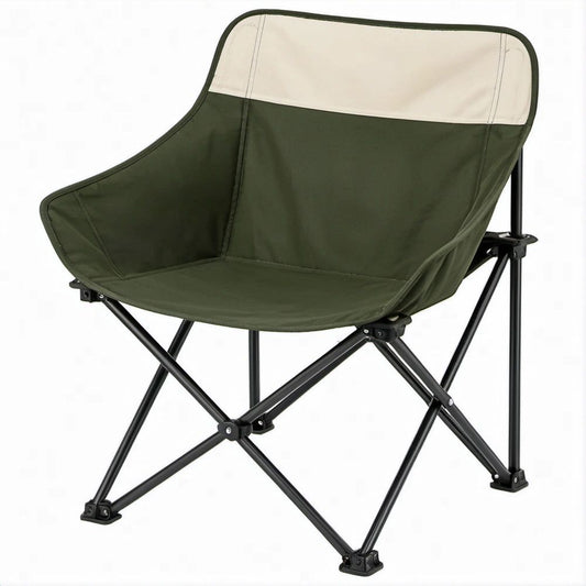 Sedia pieghevole con schienale alto curvo verde oliva, bianco e nero in poliestere 600D e acciaio, 80 x 58 x 96 cm